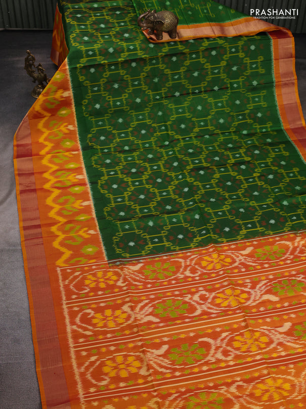Ikat soft silk saree green and dark mustard with allover ikat weaves and long ikat zari woven border