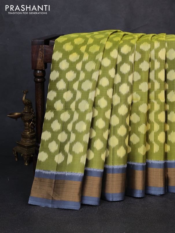 Ikat soft silk saree mehendi green and grey with allover ikat weaves and zari woven border