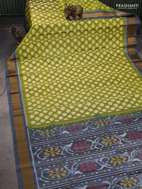 Ikat soft silk saree mehendi green and grey with allover ikat weaves and zari woven border