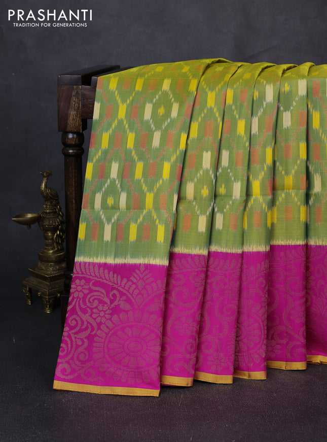 Ikat soft silk saree light green and pink with allover ikat weaves and long ikat zari woven border