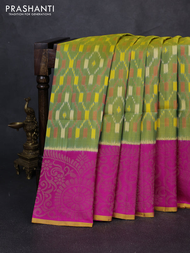 Ikat soft silk saree light green and pink with allover ikat weaves and long ikat zari woven border
