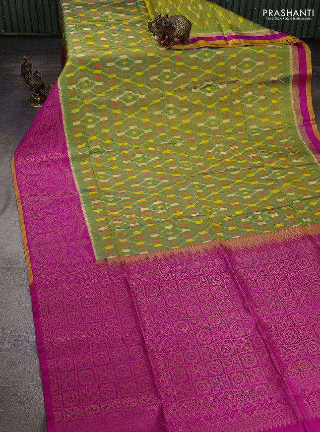Ikat soft silk saree light green and pink with allover ikat weaves and long ikat zari woven border