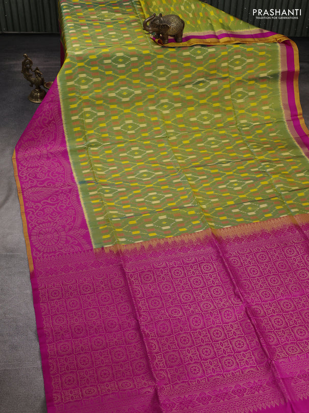 Ikat soft silk saree light green and pink with allover ikat weaves and long ikat zari woven border