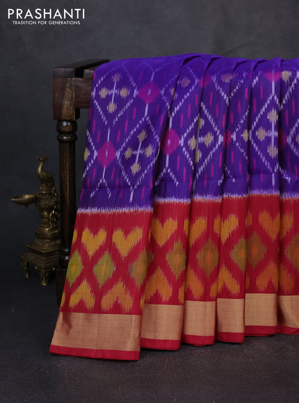 Ikat soft silk saree blue and red with allover ikat weaves and long ikat zari woven border