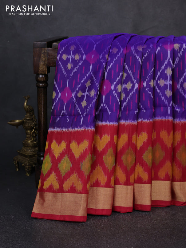 Ikat soft silk saree blue and red with allover ikat weaves and long ikat zari woven border