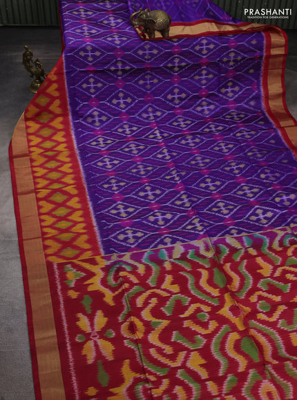 Ikat soft silk saree blue and red with allover ikat weaves and long ikat zari woven border