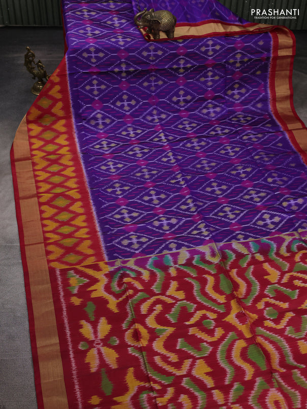 Ikat soft silk saree blue and red with allover ikat weaves and long ikat zari woven border