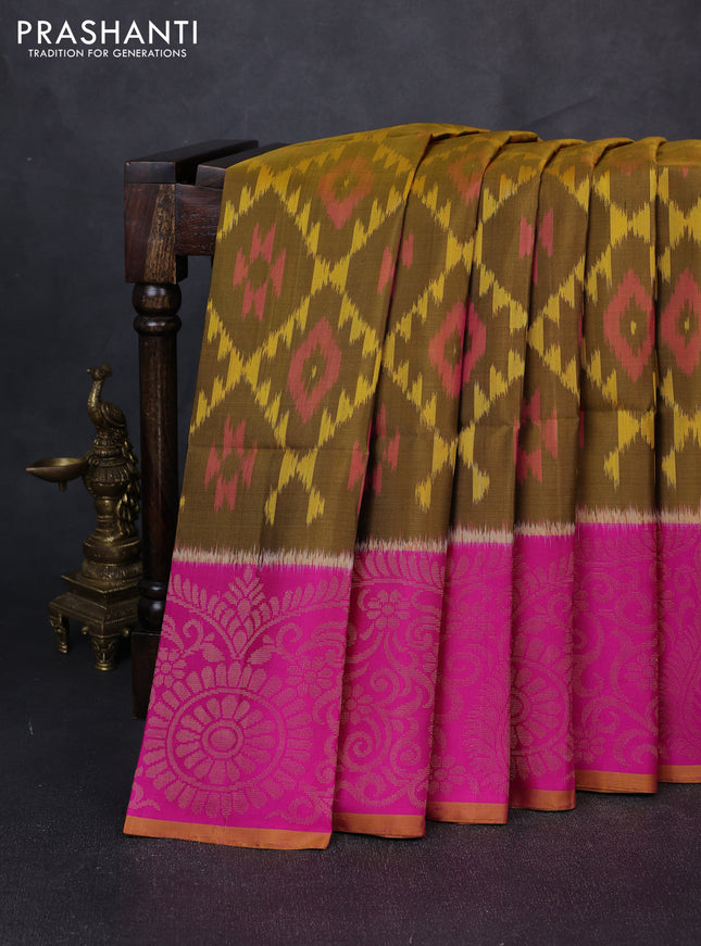 Ikat soft silk saree dark mustard and pink with allover ikat weaves and long ikat zari woven border