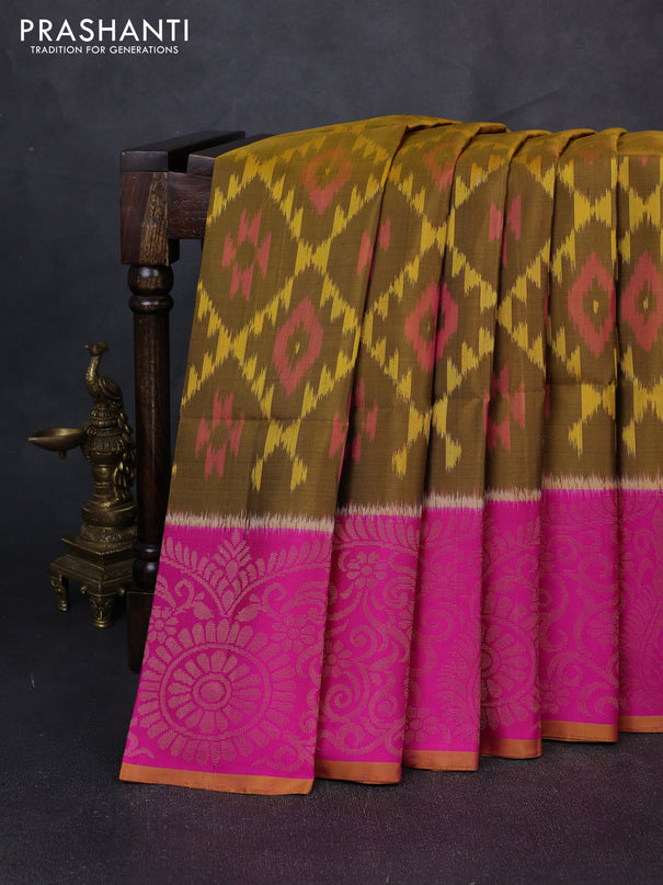 Ikat soft silk saree dark mustard and pink with allover ikat weaves and long ikat zari woven border