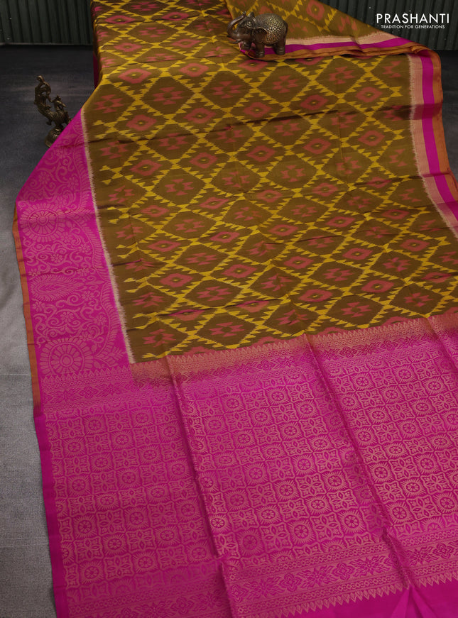 Ikat soft silk saree dark mustard and pink with allover ikat weaves and long ikat zari woven border