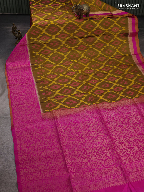 Ikat soft silk saree dark mustard and pink with allover ikat weaves and long ikat zari woven border