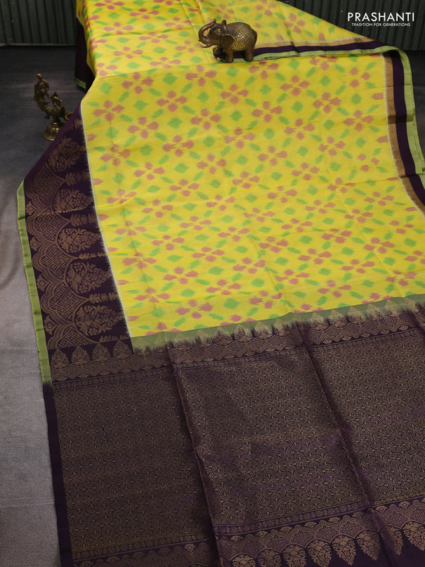 Ikat soft silk saree yellow and deep purple with allover ikat weaves and zari woven simple border