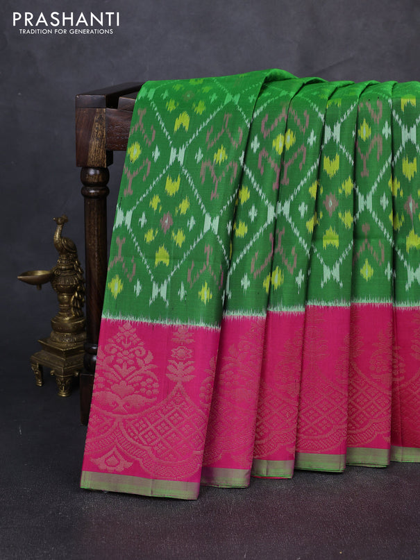 Ikat soft silk saree green and pink with allover ikat weaves and zari woven border