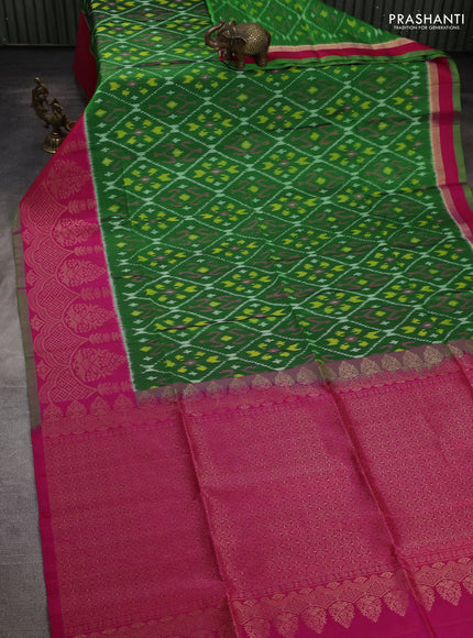 Ikat soft silk saree green and pink with allover ikat weaves and zari woven border