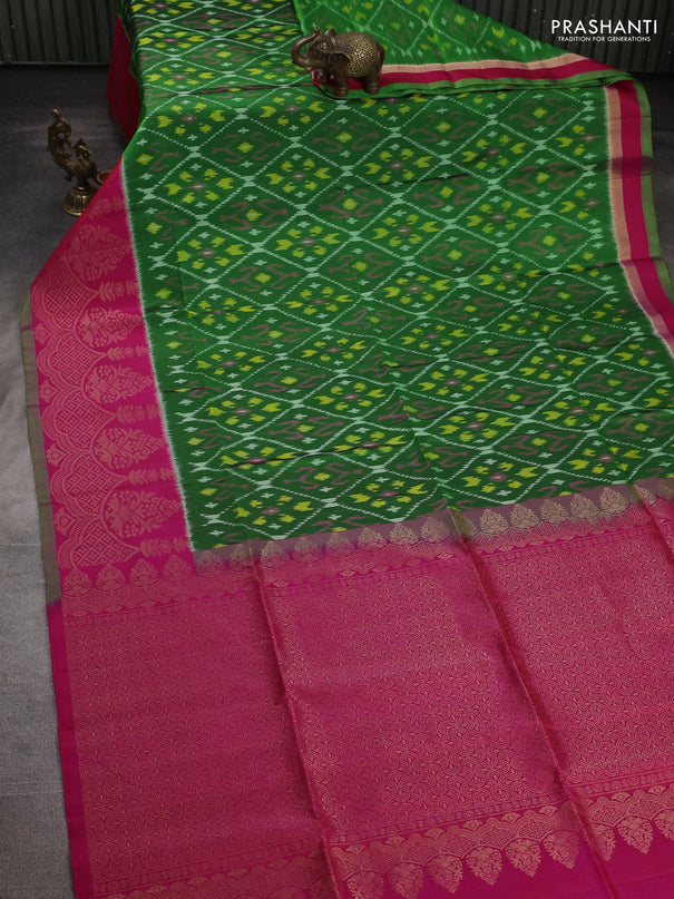 Ikat soft silk saree green and pink with allover ikat weaves and zari woven border