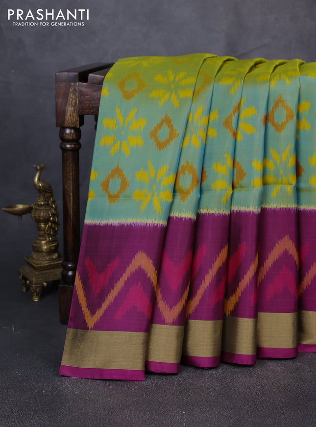 Ikat soft silk saree dual shade of teal and magenta pink with allover ikat weaves and zari woven border
