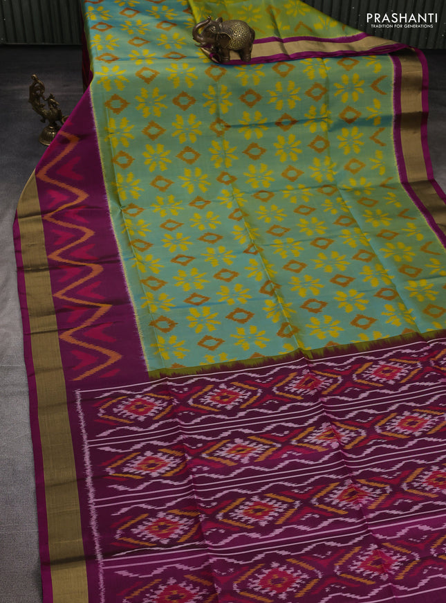 Ikat soft silk saree dual shade of teal and magenta pink with allover ikat weaves and zari woven border