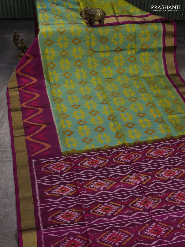 Ikat soft silk saree dual shade of teal and magenta pink with allover ikat weaves and zari woven border