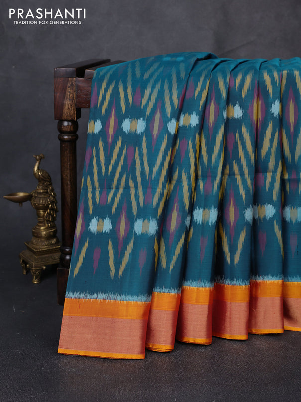 Ikat soft silk saree peacock green and dark mustard with allover ikat weaves and zari woven border