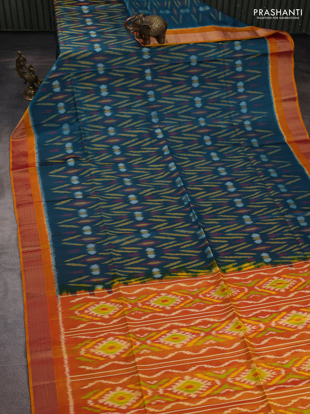 Ikat soft silk saree peacock green and dark mustard with allover ikat weaves and zari woven border