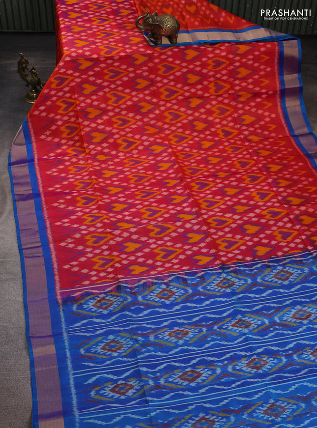 Ikat soft silk saree dual shade of pinkish orange and cs blue with allover ikat weaves and zari woven border