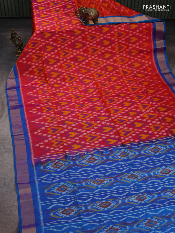 Ikat soft silk saree dual shade of pinkish orange and cs blue with allover ikat weaves and zari woven border