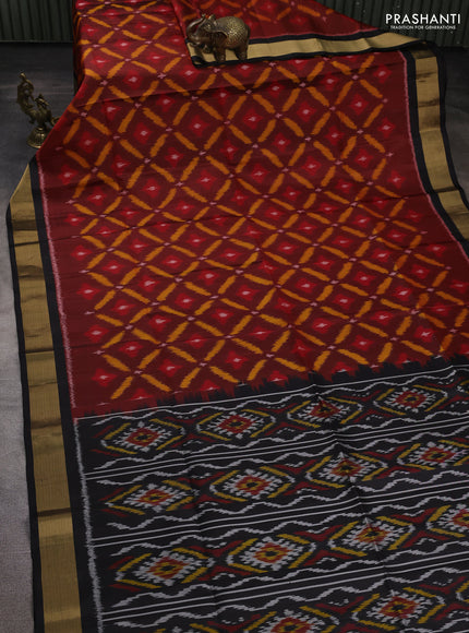 Ikat soft silk saree maroon and black with allover ikat weaves and zari woven border