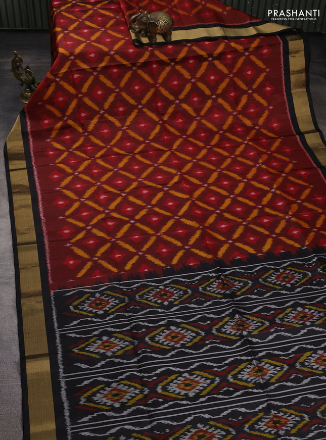 Ikat soft silk saree maroon and black with allover ikat weaves and zari woven border