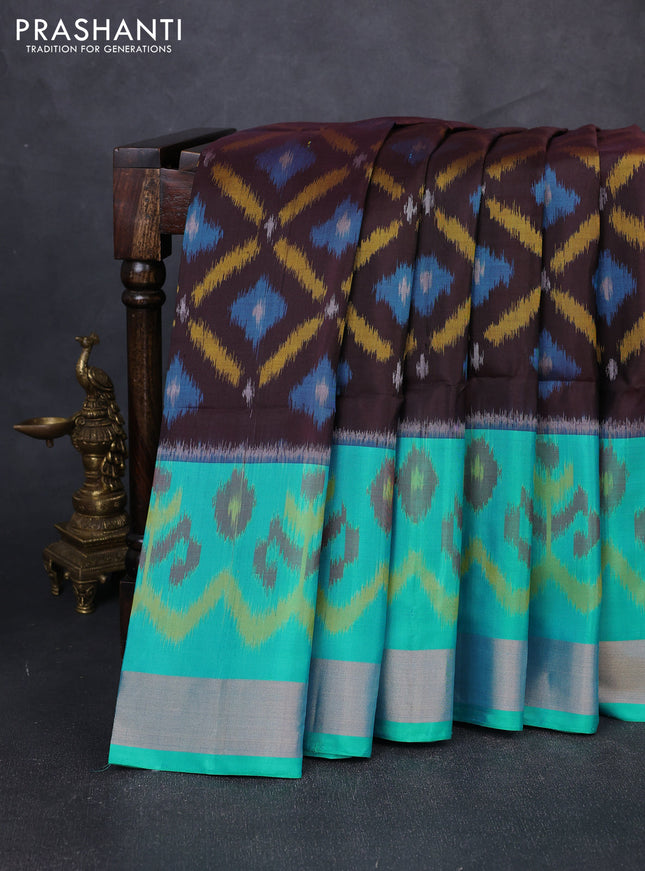 Ikat soft silk saree coffee brown and teal blue with allover ikat weaves and long ikat zari woven border