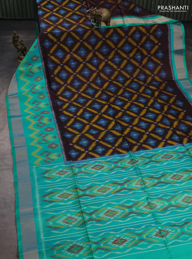 Ikat soft silk saree coffee brown and teal blue with allover ikat weaves and long ikat zari woven border