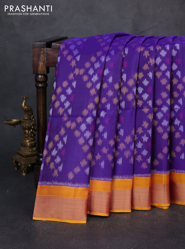 Ikat soft silk saree royal blue and dark mustard with allover ikat weaves and zari woven border