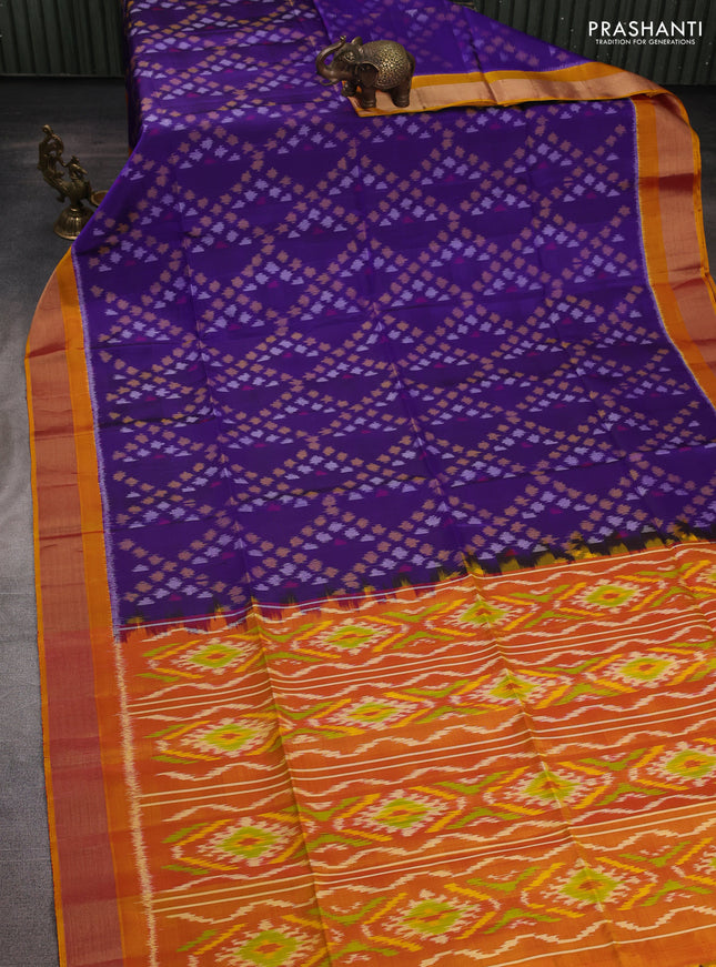 Ikat soft silk saree royal blue and dark mustard with allover ikat weaves and zari woven border