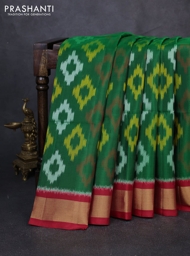Ikat soft silk saree green and red with allover ikat weaves and zari woven border