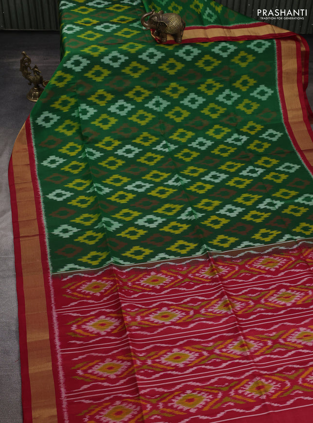 Ikat soft silk saree green and red with allover ikat weaves and zari woven border