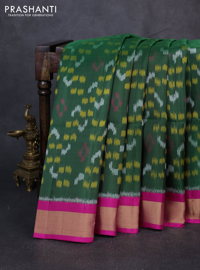 Ikat soft silk saree sap green and pink with allover ikat weaves and zari woven border