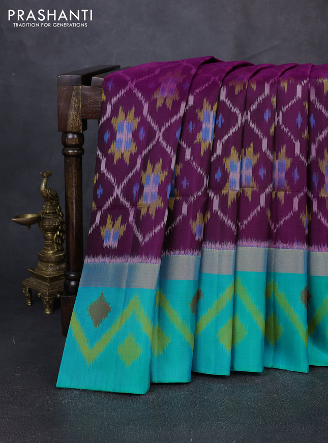 Ikat soft silk saree purple and teal green with allover ikat weaves and zari woven ikat border