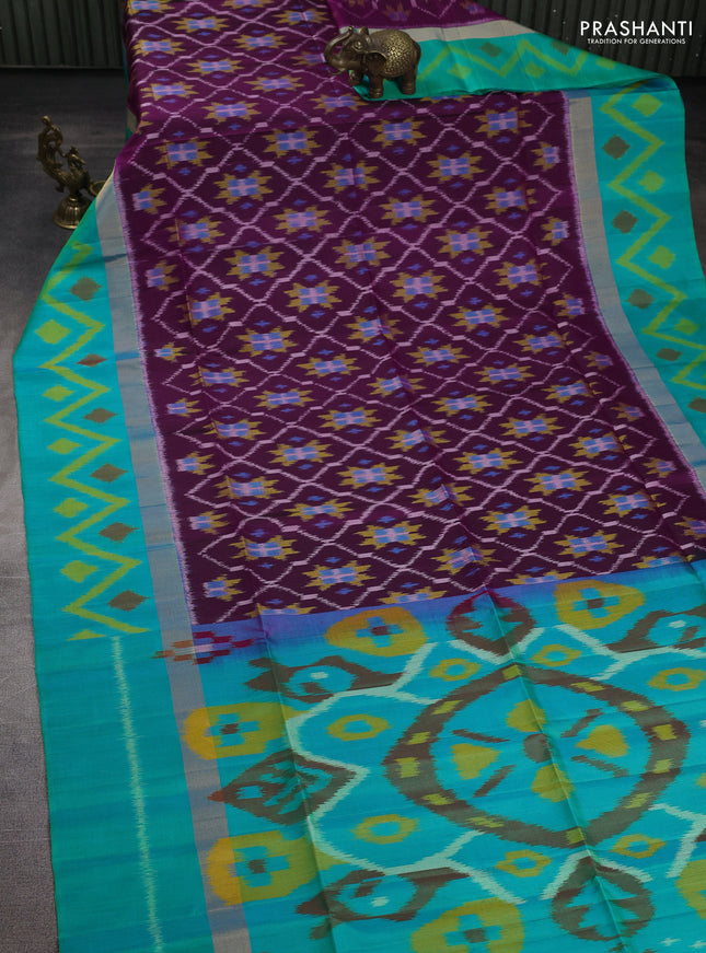 Ikat soft silk saree purple and teal green with allover ikat weaves and zari woven ikat border