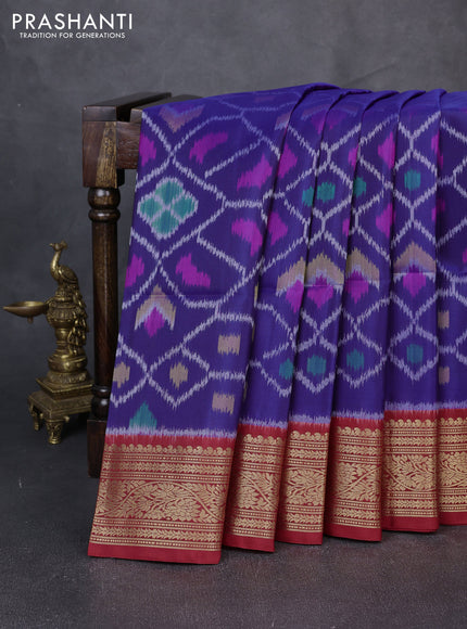 Ikat soft silk saree blue and red with allover ikat weaves and zari woven border