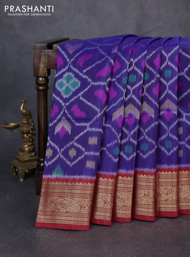 Ikat soft silk saree blue and red with allover ikat weaves and zari woven border