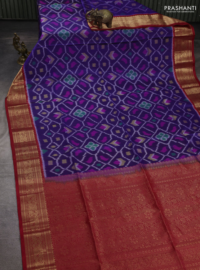 Ikat soft silk saree blue and red with allover ikat weaves and zari woven border