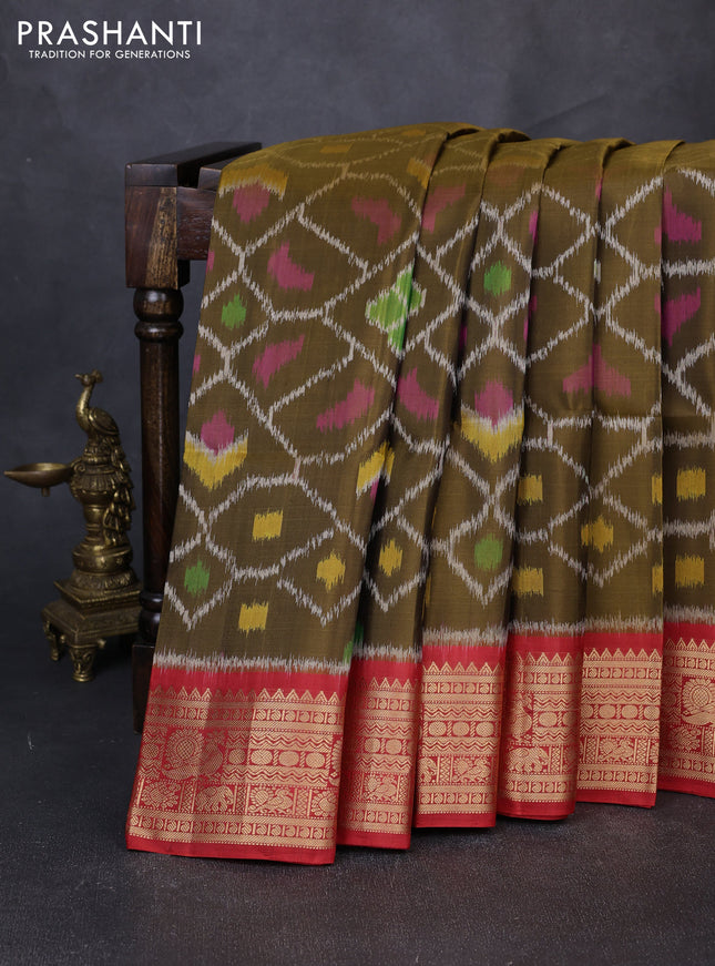 Ikat soft silk saree dark mehendi green and red with allover ikat weaves and zari woven border