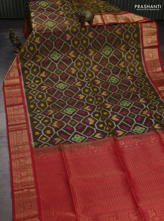 Ikat soft silk saree dark mehendi green and red with allover ikat weaves and zari woven border
