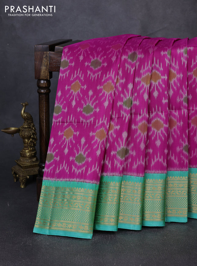 Ikat soft silk saree magenta pink and teal green with allover ikat weaves and zari woven border