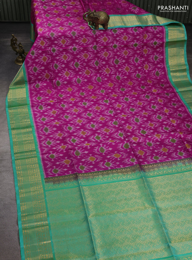 Ikat soft silk saree magenta pink and teal green with allover ikat weaves and zari woven border