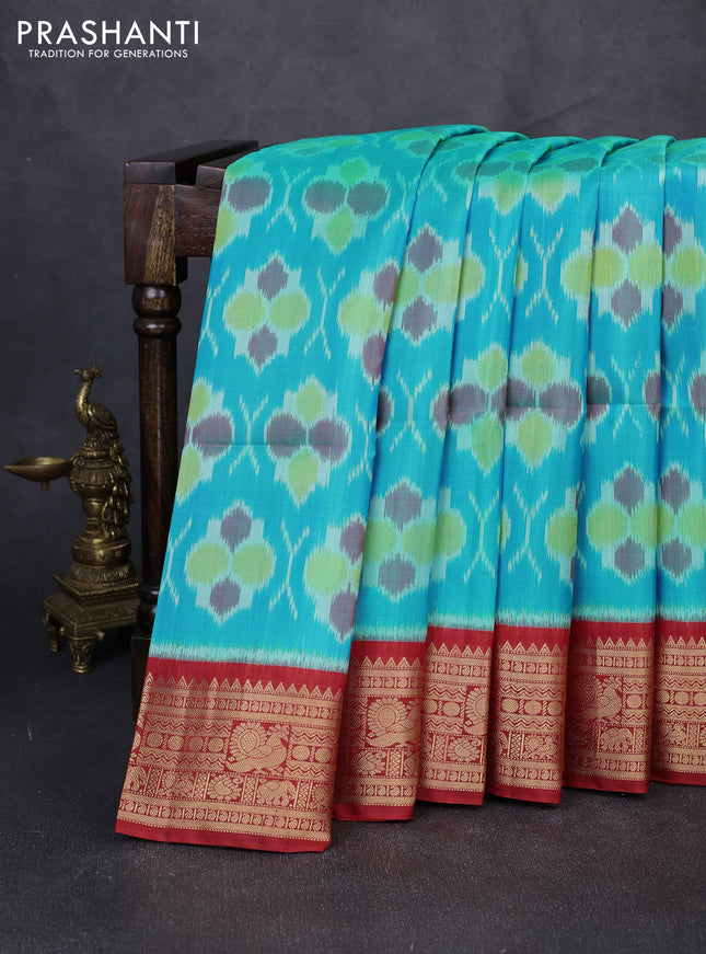 Ikat soft silk saree light blue and red with allover ikat weaves and zari woven border
