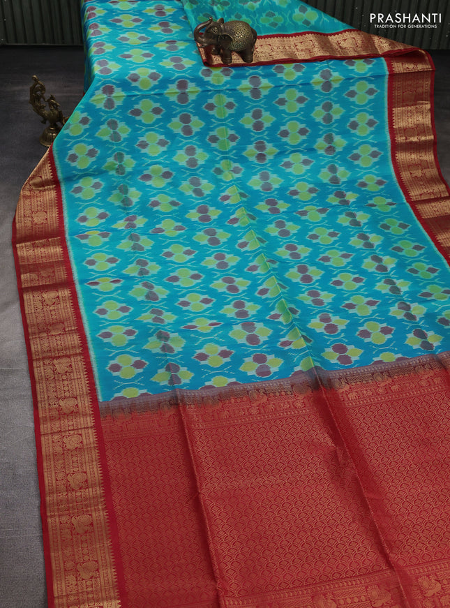 Ikat soft silk saree light blue and red with allover ikat weaves and zari woven border