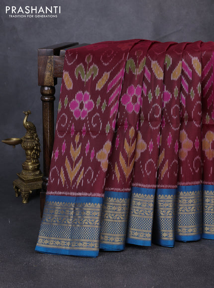 Ikat soft silk saree maroon and peacock blue with allover ikat weaves and zari woven border