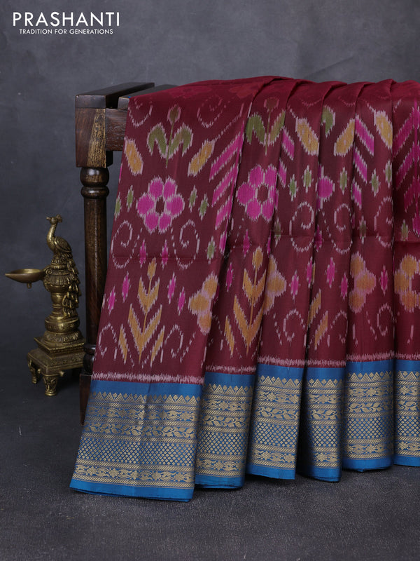 Ikat soft silk saree maroon and peacock blue with allover ikat weaves and zari woven border