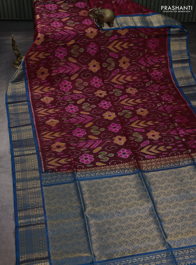 Ikat soft silk saree maroon and peacock blue with allover ikat weaves and zari woven border