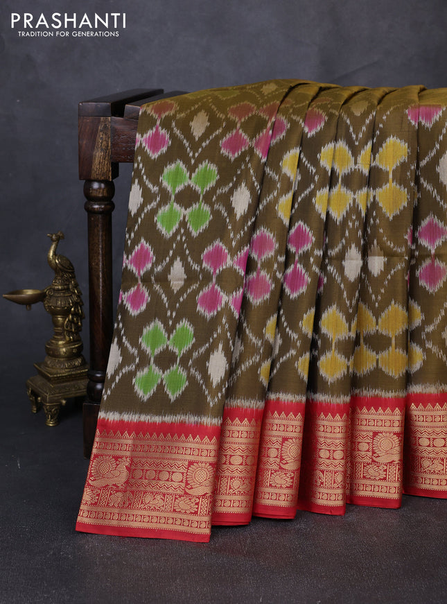 Ikat soft silk saree dark mehendi green and red with allover ikat weaves and zari woven border